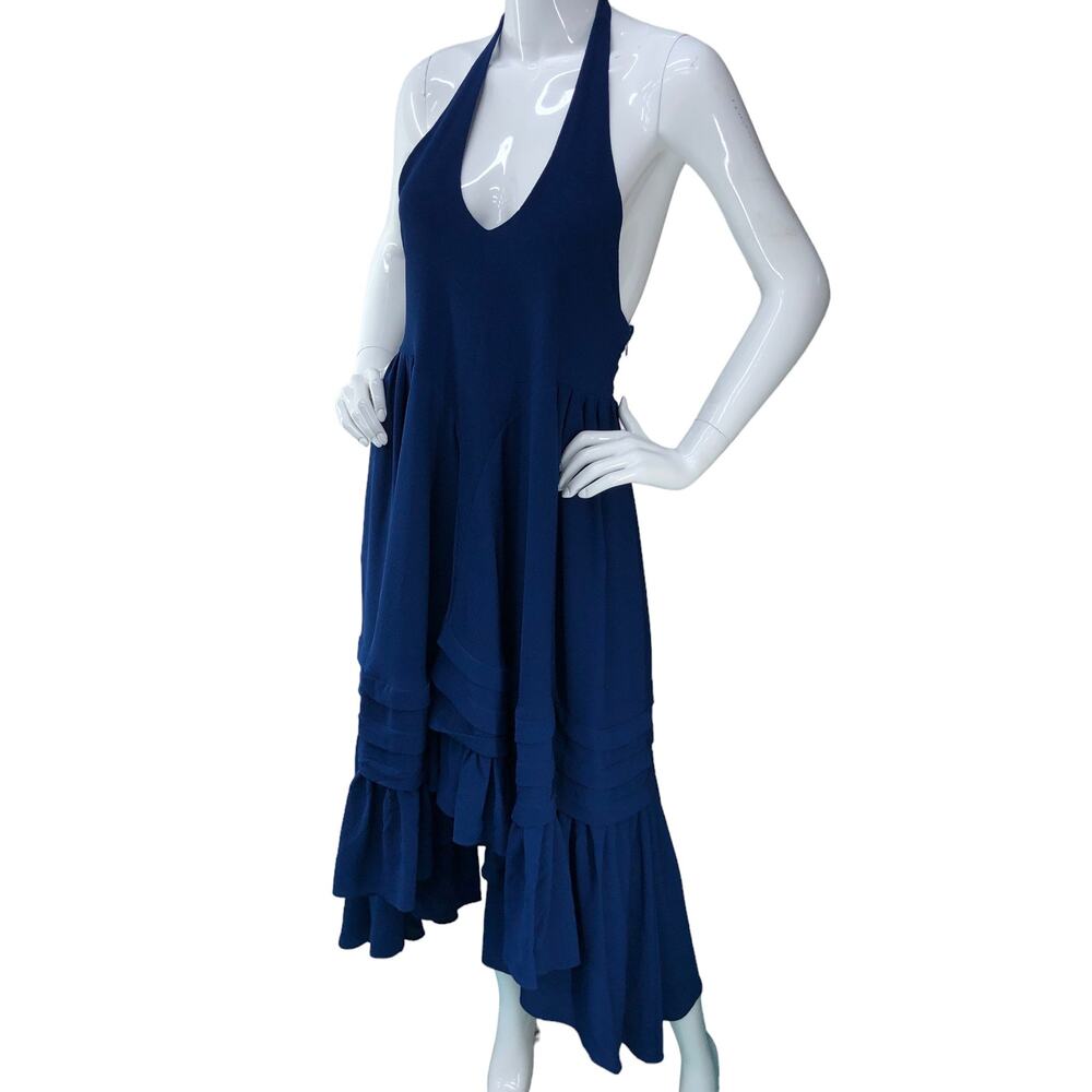 Prose & Poetry Womens Size S Dress Evening Cocktail Blue Halter Boho Ruffle